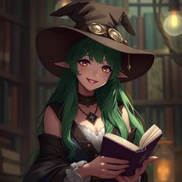 happy nathalie emmanuel as a witch, long green hair, cozy atmosphere, urban fantasy, hat, library, bokeh highly detailed, qichao wang, artgerm, cushart krenz, zeronis, trending on artstation, soft light, sharp edges, illustration, character design, concept art