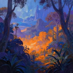 a brilliant lush landscape, in the style of james gurney, by rhads, blue purple orange colours