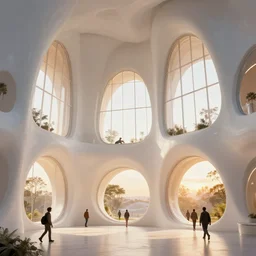the inside of a monument with pods on the wall, by tim blandin and arthur haas and bruce pennington and john schoenherr, big windows architecture by zaha hadid, octane render, warm colour scheme, white, cinematic, scenery, cgsociety, modernism, futuristic, trending on artstation, sci - fi, high detail, high quality, close up angle, people walking