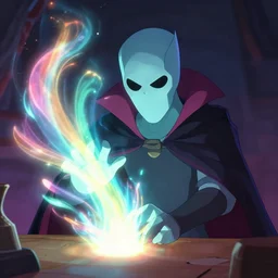 a mage that looks like danny phantom he is at his desk working on a new spell that is casting out flowing energy, colorful, flowing energy, light rays, consistent face, medium shot, waist up, pixar and disney animation, sharp, concept art, highly detailed, bloom, dramatic lighting, cinematic