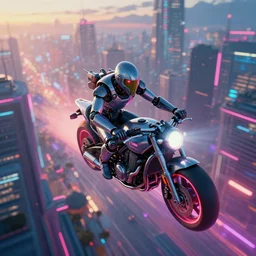 an android on a flying motorcycle in a glowing neon cyberpunk retro futurism city at dawn by Ralph McQuarrie, unreal engine:.2, cinematic atmosphere:.3, establishing shot viewed from above:.6