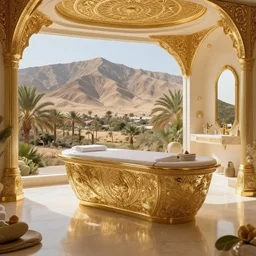 surreal hyper luxury spa with intricate golden details with view to arid mountains and palm forest, ultra detailed, photorealism, sharp focus, volumetric light, global illumination