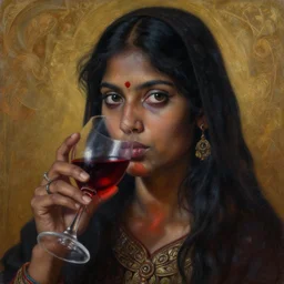 painting of a dark nepali female drinking red wine, big eyes, ultra realistic, concept art, intricate details, eerie, highly detailed, photorealistic, octane render, 8 k, unreal engine. art by artgerm and greg rutkowski and alphonse mucha