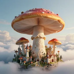 a giant mushroom engulfs a whole kingdom and reaches above the clouds. intricate. lifelike. soft light. sony a 7 r iv 5 5 mm. cinematic post - processing