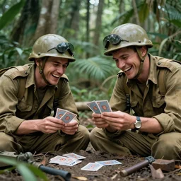 Two soldiers laughing while playing cards, Vietnam War, jungle, 4k, highly detailed, HDR, hyper realistic