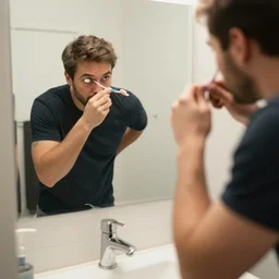 man brushes his eyes with a toothbrush in front of the mirror above the sink