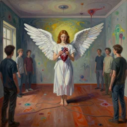 an empty room in the style of constructivism, an angel is standing in the center of the room holding a heart with wires hanging down to the floor, people are standing around watching., blurred, grotesque, doomed, neural acrylic paint, high resolution, gouache on canvas, ultra detailed, vibrant colors, grotesque, wrapped thermal background, slimey, art by francis bacon, beksinski painting