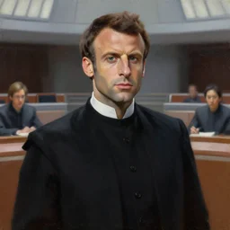 painting of Emmanuel Macron as a senator in Star Wars, sharp focus, trending on ArtStation, masterpiece, by Greg Rutkowski, by Ross Tran, by Fenghua Zhong, octane, soft render, oil on canvas, moody lighting, clean background inside the galactic senate, cinematic
