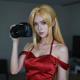 dslr, erza scarlet as a real person, extremely beautiful, wearing a red satin dress, greatly detailed, high quality, moody lighting, real photo, real camera, 8 k
