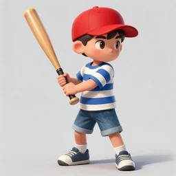 a young boy wearing a horizontal striped shirt and a red baseball cap and jean shorts, holding a baseball bat, digital painting, artstation, concept art, sharp focus, octane render, illustration, art by takato yamamoto,