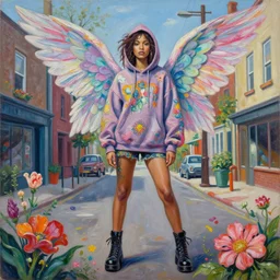 a painting by martine johanna of a fairy with big wings wearing a hoodie standing in a township street in the style of jenny saville, street fashion outfit, haute couture fashion shoot, full figure painting by david choe and jeremy mann, decorative flowers, 2 4 mm, die antwoord yolandi visser