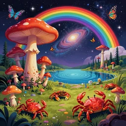 psychedelic mushrooms, enchanted crab, mushrooms on the ground, crabs, galaxy in the sky, butterflies, lake, occult, illuminati, third eye, rainbows, bright colors, psychedelic, fish eye lens, vector art, fantasy poster by helen huang and frank frazetta and salvador dali and norman rockwell,