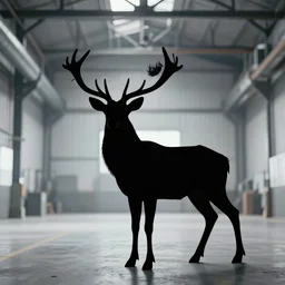 a silhouette of a great deer standing majestic in a large industrial room with big windows, golden light, smoke, backlit, realistic photo, artstation