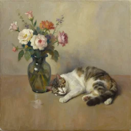 a cat and a dropped vase of flowers, oil on canvas,