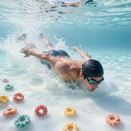 swimming in an ocean filled with white milk instead of seawater. nearby a couple of colorful fruit loops cereal bob up and down in the translucent ocean made of milk. just keep swimming. octane 3 d, ue 5, 4 k, award winning, dramatic lighting, subsurface scatter, digital art.