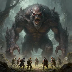 big behemoth monster looms over a tiny party of 5 adventurers, high fantasy, horror, dnd, highly detailed, smooth, sharp focus, digital painting, artgerm and greg rutkowski and alphonse mucha