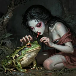 scary godlike fairy in the style of Junji Ito , killing a frog violently , petite , upper body , epic , traditional makeup , gorgeous features , Post-processing , Greg rutkowski legendary matte painting , masterpiece
