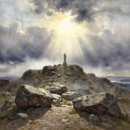 watercolor painting of rocky land, rough terrain, statue on top of the hill, sunshine and sun rays, art by anders zorn, wonderful masterpiece by greg rutkowski, beautiful cinematic light, american romanticism by greg manchess, creation by tyler edlin, stormy puffy clouds and harbour in distant background, foggy