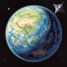 very detailed, prophet graphic novel, ilya kuvshinov, mcbess, rutkowski, simon roy, illustration of a planet, view from space, wide shot, colorful, deep shadows,