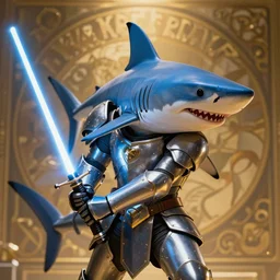blue thresher shark wearing plate armor, no helmet, shark holding a lightsaber, fantasy, wonderful masterpiece highly detailed, scifi, beautiful cinematic light deep focus, elegant, digital painting, smooth, sharp focus, golden ratio, dramatic illumination, ultra realistic, 8 k, art by ilya kuvshinov, artgerm, alphonse mucha, and greg rutkowski