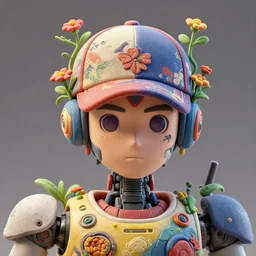 colourful - 3 d vfx art - portrait of a mecha robot wearing a baseball cap with vines & flowers growing from the cap, art style by tenmyouya hisashi & utagawa kunisada, concept art, unreal engine render, digital illustration, claymation, sharp, intricate detail, volumetric light, ray tracing, soft light, symmetric, pinterest, artstation, behance,