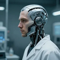 a laboratory operator man with cybernetic enhancements seen from a distance, 1 / 2 headshot, scifi character portrait by greg rutkowski, craig mullins, daytoner, clear face, cinematic lighting, dystopian scifi gear, profile picture, mechanical, cyborg, half robot