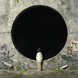 ghibli miyazaki movie poster, ultra wide, brutalist, white hoodie girl outside a large hole in the side of a concrete wall, huge black circle, huge black round hole, black depths, posters, notices, graffiti, stickers, junk, moss