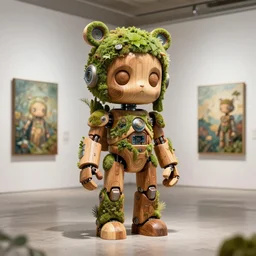 octane render ultra photorealistic hyper detailed, a very very cute wooden mystical statue robot of the roman natural vegetal cyberpunk a contemporary art gallery in neo tokyo artwork