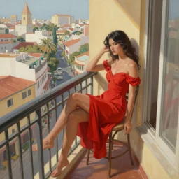 a beautiful artwork of a woman in red dress sitting on the balcony of a hotel top view, by Jerome Opeña, featured on artstation