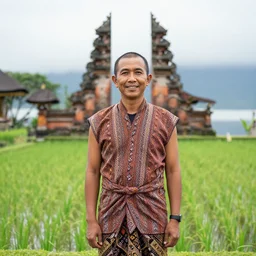 emam watson wearing batik bali in bali. temple lake rice field ocean. front view. instagram closeup holiday photo shoot, perfect faces, beautiful