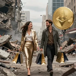 modern city destroyed by war in ruins with rich luxury cryptocurrency couple walking around with shopping bags laughing, color photograph very high detail, ethereum bitcoin