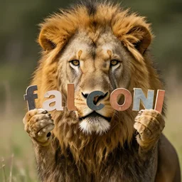 lion holding text letters, f a l c o n i. letters read falconi photo realism 7 5 mm ultra detailed