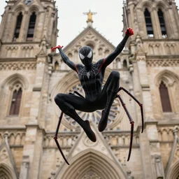 8 legged spider - man in black suit climbing a church in 4 k