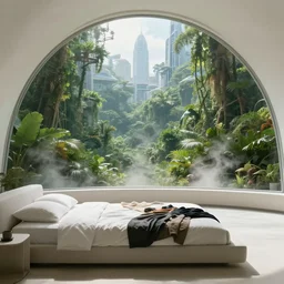 movie still frame, a minimalist room, large bed, clothes, inside a luxurious futuristic city dome in a lush jungle, beautiful composition, sunny, steam, 8 k, cgi, by ridley scott, james cameron, zack snyder and michael bay