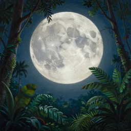 a painting of a closeup full moon, night in the jungle, beautiful colors, symetrical, matte painting, by christophe vacher