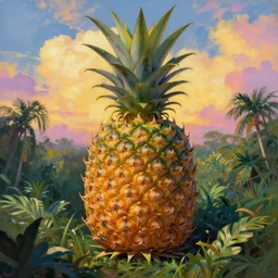 closeup, giant pineapple head, girl surrounded by djungle, surreal photography, golden hour, colorful clouds, impressionist painting, digital painting, artstation, simon stalenhag