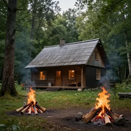 a photorealistic image, forest, house, campfire, professionally retouched, soft lighting, hyper realistic, wide angle, sharp focus, 8 k high definition, 6 4 megapixels, insanely detailed, stunningly beautiful