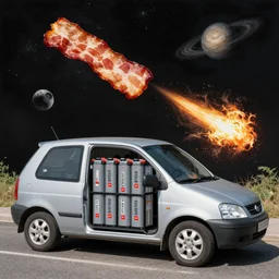the deliverator's car has enough potential energy packed into its batteries to fire a pound of bacon into the asteroid belt, in the style of bob ross