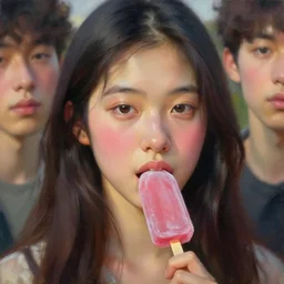 oil painting by ilya kuvshinov,, baugh casey, rhads, coby whitmore, of a youthful japanese beauty, long hair, popsicle in mouth, outdoors, highly detailed, breathtaking face, studio photography, dawn, intense subsurface scattering, blush, supple look, innocence, intense sunlight