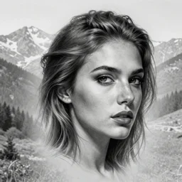tattoo design sketch of a beautiful woman face with a faded background of beautiful mountain nature on her side, hyper - realistic, double exposure photoshop, in the style of den yakovlev, amazing detail, black and white, faded