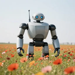 a wide angle landscape photo of a field of poppies being enjoyed by an up close giant humanoid robot, lpoty, award winning, bokeh, soft focus, photography