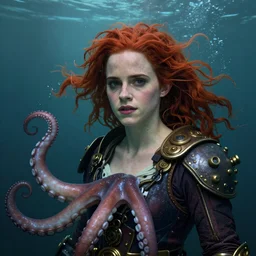 underwater steampunk pirate portrait of emma watson, red hair, octopus, hyper detailed, digital art, cinematic lighting, studio quality, smooth render, unreal engine 5, octane rendered, art style by klimt and nixeu and ian sprigger and wlop and krenz cushart.