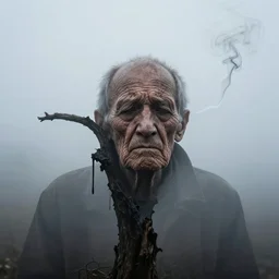 photographic portrait of wrinkly sad dried melting tree silhouette with spiraling cigarette smoke, in fog