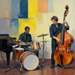 jazz quintet, painting, abstract, saxophone, drums, piano, trumpet, double bass