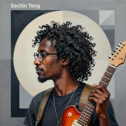 A black man with long curly hair, wearing glasses, holding a electric guitar. profile picture by Sachin Teng, asymmetrical, Organic Painting , Matte Painting,  geometric shapes, hard edges, graffiti, street art:2 by Sachin Teng:4