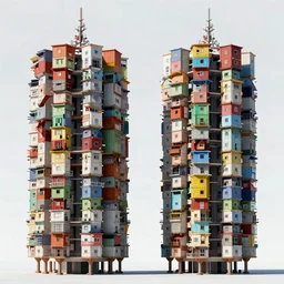 high towers made up of colourful brutalist makeshift squatter shacks, suspended, over a cliff mamiya, 8 5 mm, uniform plain sky, fine details, photographed by michael wolf
