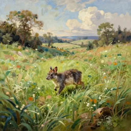 a small animal in a rolling field, extremely detailed oil painting, rhads, sargent and leyendecker, savrasov levitan polenov, bruce pennington, studio ghibli, tim hildebrandt, digital art, landscape painting, trending on artstation, masterpiece