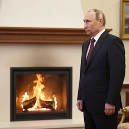 vladimir putin in a waistcoat staring at a log fire photograph, dslr, rule of thirds