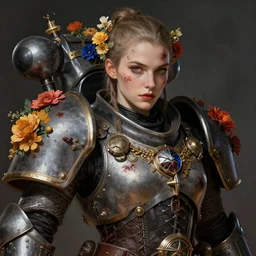 portrait of beautiful young mainem, warhammer, cyber style, a lot of more scars, more and more flowers, the middle ages, highly detailed, artstation, illustration, artgerm sylvari portrait, 8 k quality, art by gustav klimt