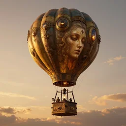 steampunk hot air balloon with a soul, floating in the golden sunset sky, intricate detail, hyper detailed, ultra realistic, sharp focus, smooth, octane render, lantern, volumetric, ray tracing, artstation trending, cgsociety, sense of awe, mystical, by wolp and artgerm, midsommar 4 k